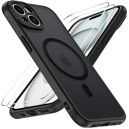 ivoler 3 in 1 Hülle kompatibel für iPhone 15 6.1 Zoll, kompatibel mit MagSafe,1 Handyhülle mit 2 Stück Schutzfolie Glas, [Kameraschutz] Schutzhülle Weiche Kratzfest Case-Schwarz von ivoler