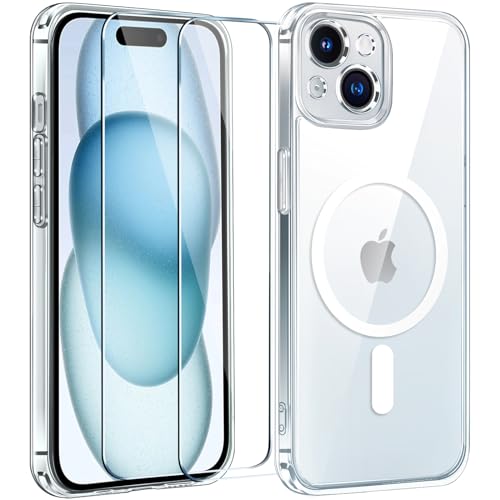 ivoler 3 in 1 Hülle kompatibel für iPhone 15 6.1 Zoll, kompatibel mit MagSafe,1 Handyhülle mit 2 Stück Schutzfolie Glas, [Kameraschutz] Schutzhülle Weiche Kratzfest Case-Transparent von ivoler