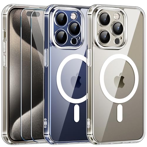 ivoler 3 in 1 für iPhone 15 Pro Hülle mit MagSafe, 2 Stück Schutzfolie Glas, [Kameraschutz] vergilbungsbeständig, Kratzfeste Rückseite, magnetisches HandyHülle Case für iPhone 15 Pro 6.1 Zoll von ivoler