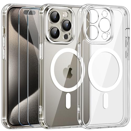 ivoler 3 in 1 für iPhone 15 Pro Max Hülle mit MagSafe, 2 Stück Schutzfolie Glas, [Kameraschutz] vergilbungsbeständig, Kratzfeste Rückseite, magnetisches HandyHülle Case für iPhone 15 Pro Max 6.7 Zoll von ivoler