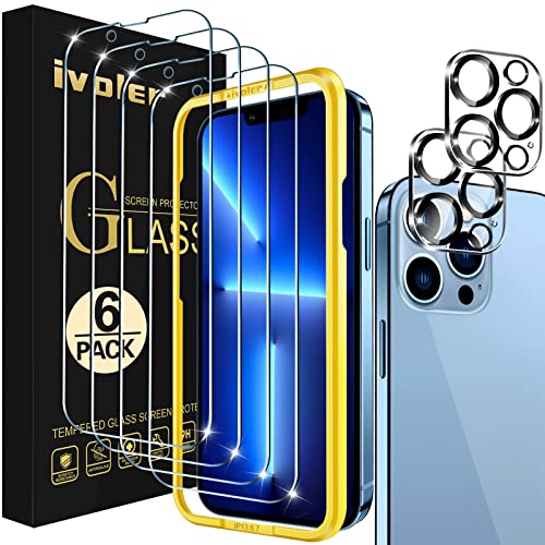 ivoler 4+2 Stück Schutz Glas Kompatibel für iPhone 13 Pro Max 6,7 Zoll, 4 Stücke Schutzfolie Mit 2 Stück Kameraschutz und Positionierhilfe, 9H Härte, Anti-Kratz, Anti-Bläschen von ivoler