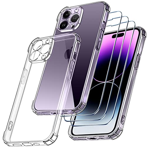 ivoler 4 in 1 Klar Hülle für iPhone 14 Pro 6.1 Zoll, 1 Handyhülle mit 3 Stück Panzer Schutz Glas, Transparent Stoßfest [Kameraschutz] Schutzhülle Dünne Weiche TPU Silikon Durchsichtige Kratzfest Case von ivoler