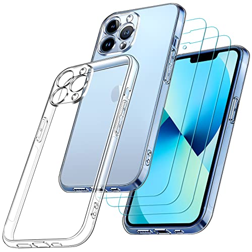 ivoler Hülle Kompatibel für iPhone 13 Pro Max 6.7 Zoll, mit 3 Stück Panzer Schutz Glas, Dünne Weiche TPU Silikon Transparent Stoßfest Schutzhülle Durchsichtige Handyhülle Kratzfest Case von ivoler