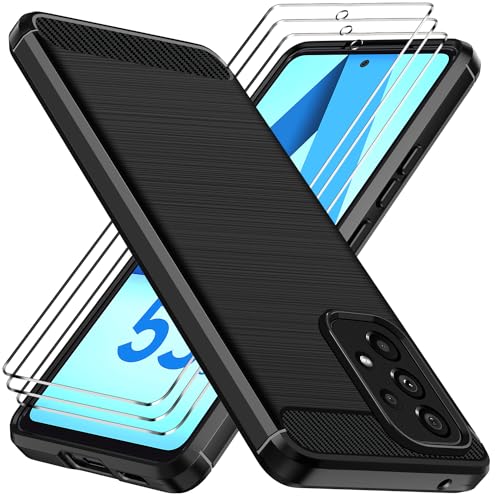 ivoler Hülle für Samsung Galaxy A53 5G mit 3 Stück Panzer Schutz Glas, Militärischer Stoßfest Handyhülle, Dünne Weiche TPU Silikon Kratzfest Schutzhülle Anti-Fingerabdruck Case, Schwarz von ivoler