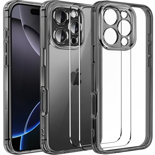 ivoler Nie Vergilbung Klar Hülle für iPhone 16 Pro, 1 Handyhülle mit 2 Stück Panzer Schutz Glas und Positionierhilfe, [Militärischer Schutz] Stoßfest Transparent Schutzhülle Dünn Case -Schwarz von ivoler