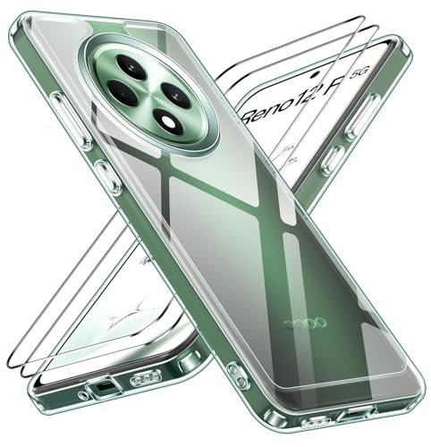 ivoler Nie Vergilbung Klar Hülle für Oppo Reno 12F 4G / 5G / Oppo Reno 12 FS 4G / 5G, 1 Handyhülle mit 2 Stück Panzer Schutz Glas, Militärischer Stoßfest Transparent Schutzhülle Durchsichtige Case von ivoler