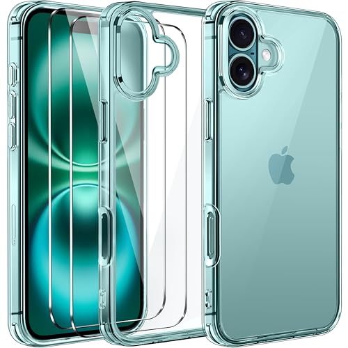 ivoler Nie Vergilbung Klar Hülle für iPhone 16, 1 Handyhülle mit 2 Stück Panzer Schutz Glas und Positionierhilfe, [Militärischer Schutz] Stoßfest Transparent Schutzhülle Dünn Durchsichtige Case - Grün von ivoler