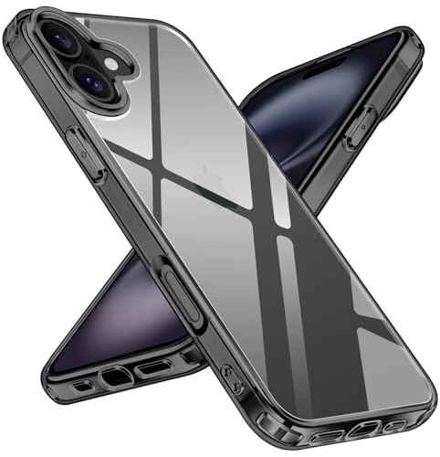ivoler Nie Vergilbung Klar Hülle für iPhone 16 6,1 Zoll, Militärstandard Stoßfest Transparent Schutzhülle Kratzfest Rückseite Handyhülle Dünn Durchsichtige Case Cover -Schwarz von ivoler