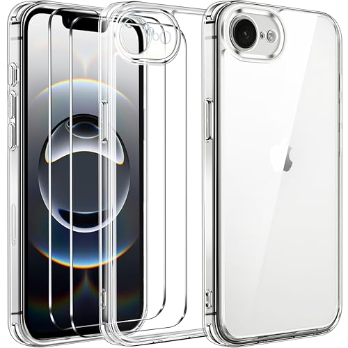 ivoler Nie Vergilbung Klar Hülle für iPhone 16e 6.1 Zoll, 1 Handyhülle mit 2 Stück Panzer Schutz Glas, [Militärischer Schutz] Stoßfest Transparent Schutzhülle Durchsichtige Case von ivoler