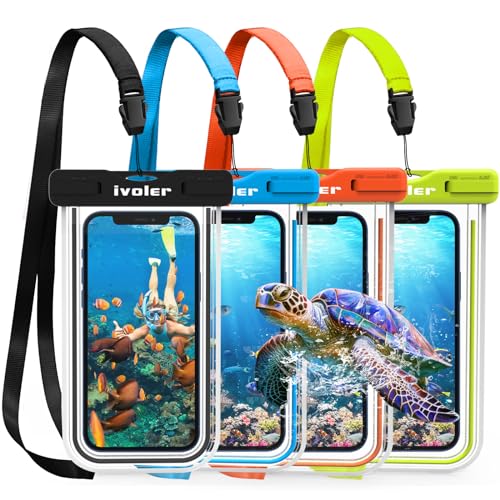 ivoler wasserdichte Handyhülle Tasche 4 Stücke, Handytasche Wasserdicht, Handy Wasserfest Hülle, Universal Staubdichte Schutzhülle für iPhone, Samsung, usw zu 6.7 Zoll. (Schwarz+Blau+Grüne+Orange) von ivoler