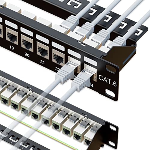 iwillink 24 Port RJ45 Durch Kupplung 1U Cat6 Patchpanel STP geschirmt 19 Zoll mit Rückleiste, Wandhalterung oder Rackmount, kompatibel mit Cat5, Cat5e, Cat6 Verkabelung von iwillink