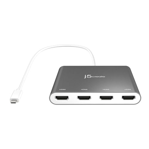 j5create USB-C auf 4 HDMI Anschlüsse Adapter Hub- Multimonitor Verteiler - Unterstützt Vier 1080p 60Hz Anzeigen - Kompatibel mit Typ-C MacBook und Windows (JCA366) von j5create