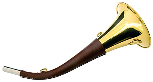 Januel - Jagdhorn, Länge 40 cm und 12 cm, ummantelt aus Kunstleder, Transportringe, Wildschwein-Dekor, vergoldetes Messing, mit Schultergurt, austauschbare Pfeife von januel