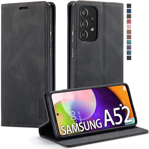 Schutzhülle für Samsung Galaxy A52 5G/A52s mit Kartenhalter, RFID-Blockierung, Ständer, magnetisch, Leder-Klapphülle für 16,5 cm (6,5 Zoll) Handy (schwarz) von japezop
