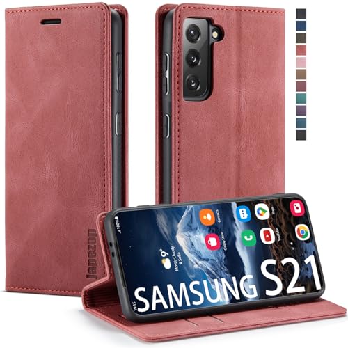 Samsung Galaxy S21 5G Hülle, Wallet Case mit Kartenhalter, RFID-blockierender Ständer, magnetisch, Leder Flip für 6,2 Zoll [nicht Plus oder Ultra] (Weinrot) von japezop