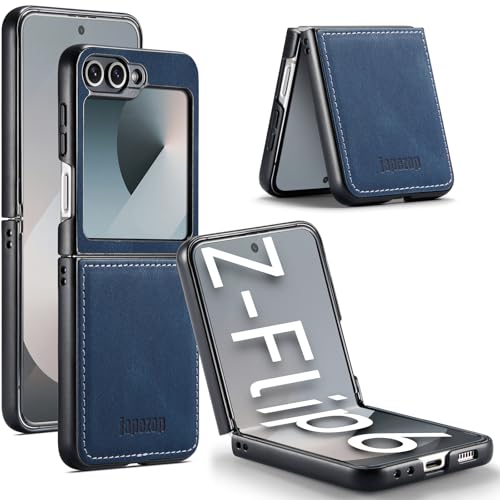 japezop Kompatibel mit Samsung Galaxy Z Flip 6 5G Hülle, Galaxy Z Flip 6 Leder-Handyhülle mit harter, stoßfester Rückseite, dünn, langlebig, für Galaxy Z Flip 6 5G 2024 (blau) von japezop