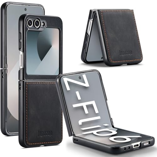 japezop Kompatibel mit Samsung Galaxy Z Flip 6 5G Hülle, Galaxy Z Flip 6 Leder-Handyhülle mit harter, stoßfester Rückseite, dünn, langlebig, für Galaxy Z Flip 6 5G 2024 (schwarz) von japezop