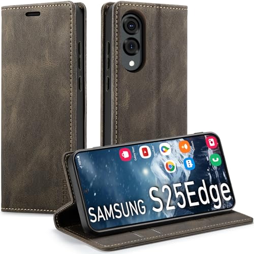 japezop Schutzhülle für Samsung Galaxy S25 Edge, mit RFID-Blockierung, Kartenhalter, Ständer, magnetisch, Leder-Klapphülle für Galaxy S25 Edge 16,7 cm (6,7 Zoll), Kaffeebraun von japezop