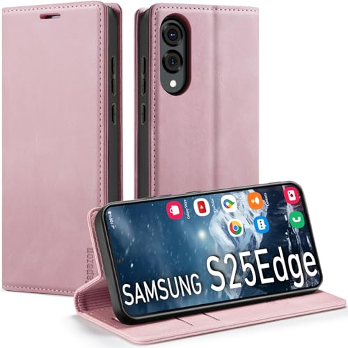 japezop Schutzhülle für Samsung Galaxy S25 Edge, mit RFID-Blockierung, Kartenhalter, Ständer, magnetisch, Leder-Klapphülle für Galaxy S25 Edge 16,7 cm (6,7 Zoll), Rosa von japezop