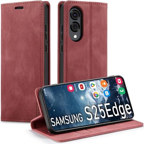 japezop Schutzhülle für Samsung Galaxy S25 Edge, mit RFID-Blockierung, Kartenhalter, Ständer, magnetisch, Leder-Klapphülle für Galaxy S25 Edge 17,6 cm (6,7 Zoll), Rot von japezop