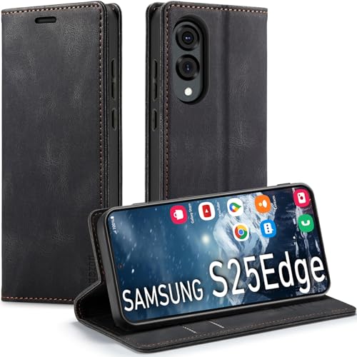 japezop Schutzhülle für Samsung Galaxy S25 Edge mit RFID-Blockierung, Kartenhalter, Ständer, magnetisch, Leder-Klapphülle für Galaxy S25 Edge 17,5 cm (6,7 Zoll) (schwarz) von japezop