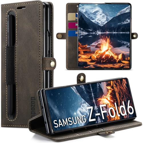 japezop Schutzhülle für Samsung Galaxy Z Fold 6, mit S-Stifthalter, Kartenhalter, RFID-blockierendem Ständer, magnetisch, Leder-Klapphülle für Galaxy Z Fold 6 5G 7,6 Zoll (2024), Kaffeebraun von japezop