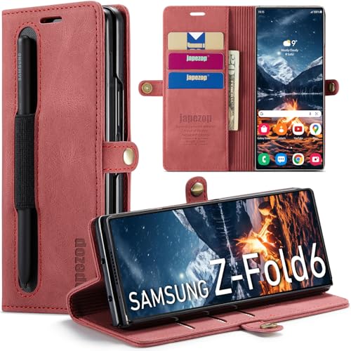 japezop Schutzhülle für Samsung Galaxy Z Fold 6, mit S-Stifthalter, Kartenhalter, RFID-blockierendem Ständer, magnetisch, Leder-Klapphülle für Galaxy Z Fold 6 5G 7,6 Zoll (2024), Rot von japezop