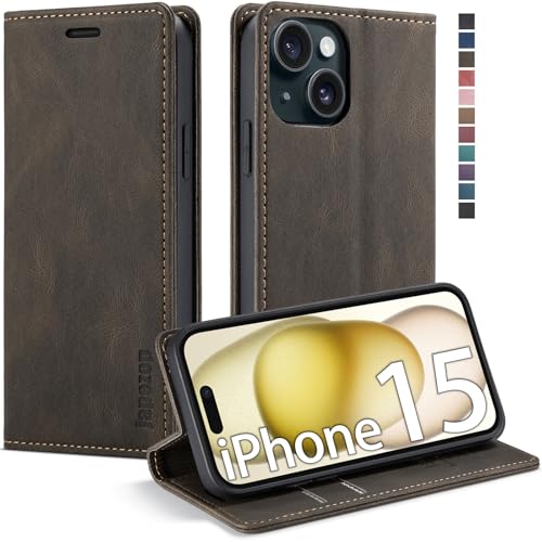japezop Schutzhülle für iPhone 15, 5G, iPhone 15, 5G, Brieftaschenhülle mit RFID-Blockierung, Kartenhalter, Ständer, magnetisch, Leder-Klapphülle für iPhone 15 5G 6,1 Zoll (Kaffee) von japezop
