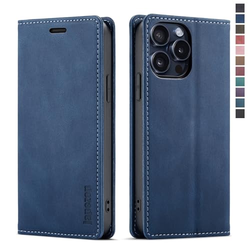 japezop Schutzhülle für iPhone 15 Pro 5G, iPhone 15 Pro 5G, Brieftaschen-Hülle mit RFID-Blockierung, Kartenhalter, Ständer, magnetisch, Leder-Klapphülle für iPhone 15 Pro 5G 6,1 Zoll (blau) von japezop