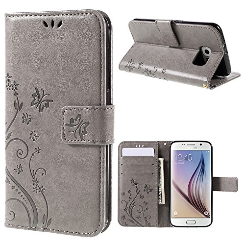 jbTec® Flip Case Handy-Hülle passend für Samsung Galaxy S6 / SM-G920F - Book Muster Schmetterlinge S16 - Handy-Tasche Schutz-Hülle Cover Handyhülle Ständer Bookstyle Booklet, Farbe:Grau von jbTec