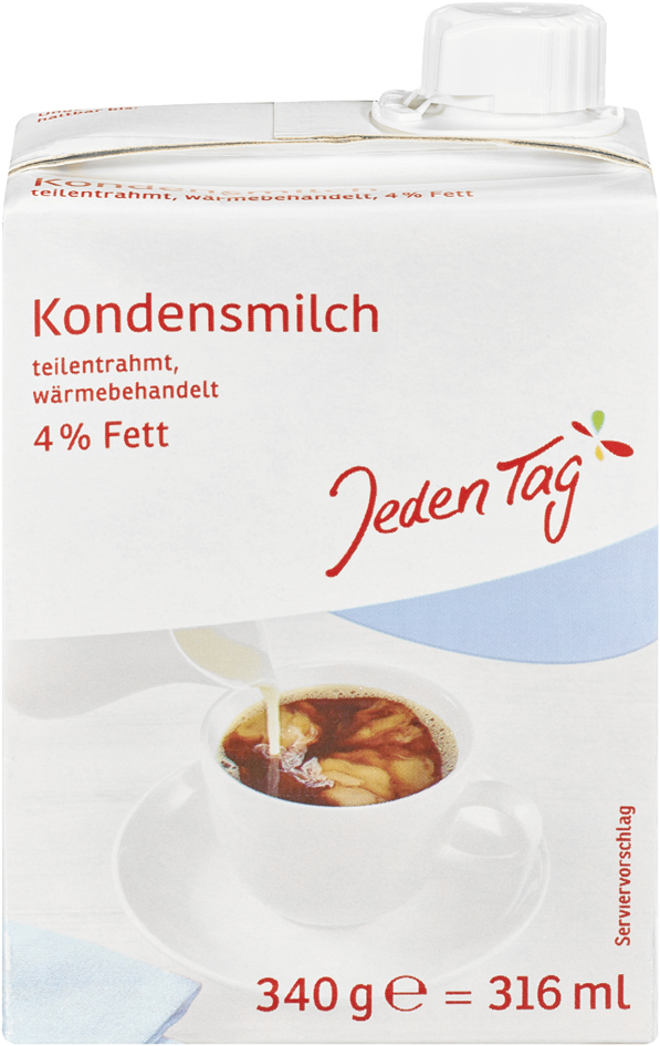 Jeden Tag Kondensmilch, teilentrahmt, 4% Fett, 340 g = 316ml Jeden Tag Kondensmilch, teilentrahmt, 4% Fett, 340 g = 316ml von jeden tag