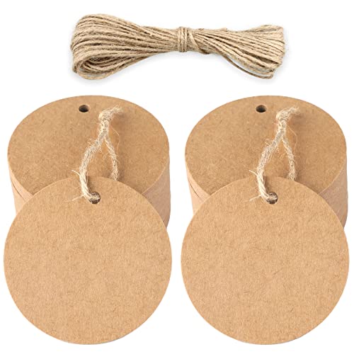 Rund Geschenkanhänger Kraftpapier Etiketten 5,5 cm, 50 Stück Hängeetiketten und Juteschnur, für Handwerk, Hochzeit, Weihnachten, Geschenkverpackung (Braun) von jijAcraft