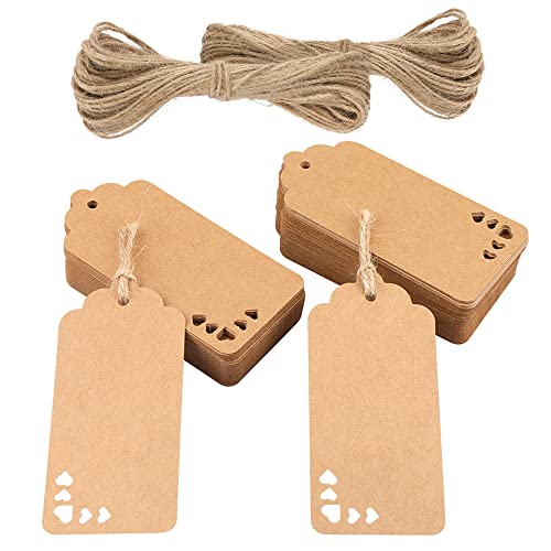 jijAcraft 100 Stück Geschenkanhänger Hochzeit, Braun Anhänger Kraftpapier Etiketten 9,5 x 4,5 CM, Anhängeetiketten mit Juteschnur, für Valentinstag, Hochzeit, Taufe, Weihnachten Geschenkverpackung von jijAcraft