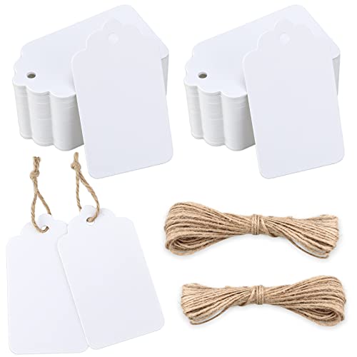 jijAcraft Geschenkanhänger Kraftpapier Anhänger Etiketten 7x4 cm, 100 Stück Tags und 20 Meter Juteschnur, für Basteln Weihnachts Hochzeits Geschenke (Weiß) von jijAcraft