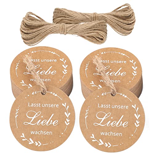 jijAcraft LASST UNSERE LIEBE WACHSEN Geschenkanhänger: Rund Kraftpapier Anhänger für Hochzeit 5CM Papieretiketten mit Schnur 100 Stück Labels für Gastgeschenke von jijAcraft