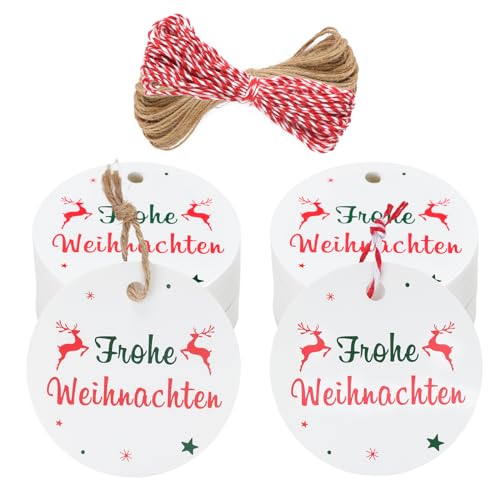 jijAcraft Merry Christmas Geschenkanhänger Rund, Frohe Weihnachten Kraftpapier Etiketten 5,5 cm, 100 Stück Tags mit Jute Schnur und Rot und Weiß Schnur für Dekoration Geschenke Verpackung (Weiß) von jijAcraft