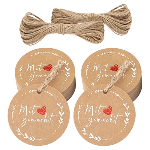 jijAcraft Mit Liebe Gemacht Geschenkanhänger: Rund Kraftpapier Anhänger für Hochzeit 5CM Papieretiketten mit Schnur 100 Stück Labels für DIY-Projekte, Selbstgemachten Geschenk von jijAcraft