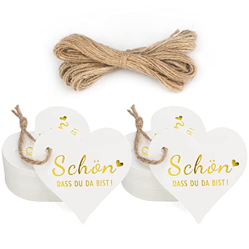 jijAcraft Schön DASS DU DA BIST Anhänger: Herz Papier Geschenkeanhänger 6CM Weiß Papier Anhänger für Hochzeit 100 Stück Papieretiketten mit Schnur für Kommunion, Gastgeschenke von jijAcraft