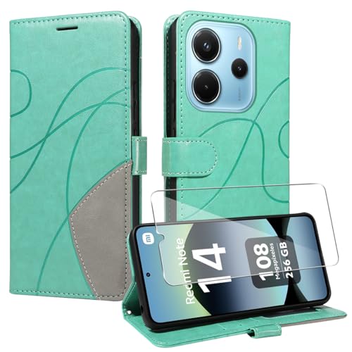 jrester Hülle kompatibel mit Xiaomi Redmi Note 14 4G EU Version（Nicht für 5G/4G Global Version）-PU Leder-Handyhülle Schutzhülle mit 1 Stück Gehärtetes Glas Schutzfolie Displayschutzfolie - Grasgrün von jrester