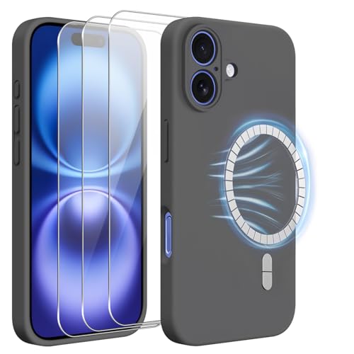 jrester Magnetische Hülle für iPhone 16 6.1" (Nicht für iPhone 16e) mit 3X gehärtetem Glas-Bildschirmschutz | Weiche Flüssigsilikon-Schutzhülle für iPhone 16 6.1" - Grau von jrester
