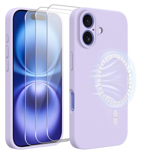 jrester Magnetische Hülle für iPhone 16 6.1" (Nicht für iPhone 16e) mit 3X gehärtetem Glas-Bildschirmschutz | Weiche Flüssigsilikon-Schutzhülle für iPhone 16 6.1" - Lila von jrester
