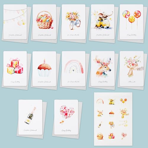 12 Klappkarten mit Umschlägen, Glückwunschkarten inkl für Familie & Freunde – Geburtstagskarten in premium Qualität,Postkarten von jwogngls