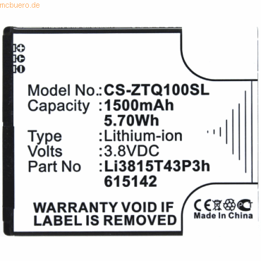 k.A. Akku für Zte Li3815T43P3h615142 Li-Ion 3,8 Volt 1500 mAh schwarz von k.A.