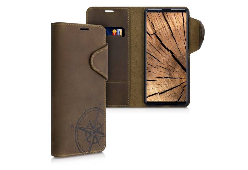 kalibri Handyhülle Hülle für Sony Xperia 5 II, Leder Schutzhülle - Handy Wallet Case Cover - Kompass Vintage Design von kalibri