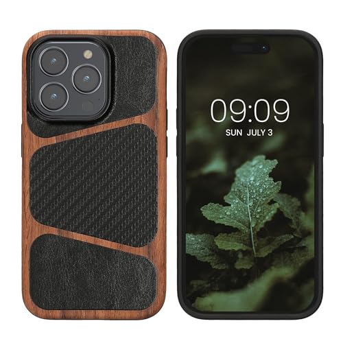 kalibri Hülle kompatibel mit Apple iPhone 14 Pro Handyhülle - Carbon Textur Design Kunstleder Holz - Case kompatibel mit MagSafe Zubehör - Dunkelbraun Schwarz von kalibri