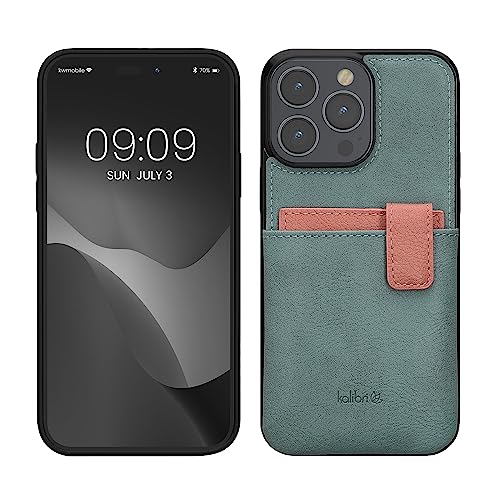 kalibri Hülle kompatibel mit Apple iPhone 14 Pro Max - Handyhülle Handy Cover - Kunstleder Case mit Kartenfach abnehmbar - Mintgrün Altrosa von kalibri