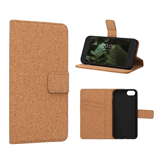 kalibri Hülle kompatibel mit Apple iPhone SE (2022/2020) / iPhone 8/7 - Stroh TPU Handyhülle - Kork Wallet - Schutzhülle mit Ständer - Handy Case mit Magnetverschluss in Hellbraun von kalibri