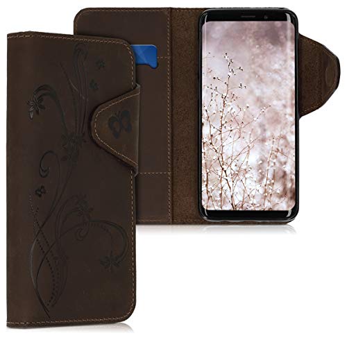 kalibri Wallet Case kompatibel mit Samsung Galaxy S9 - Hülle Leder - Handy Cover Handyhülle Ranken Schmetterling Braun von kalibri