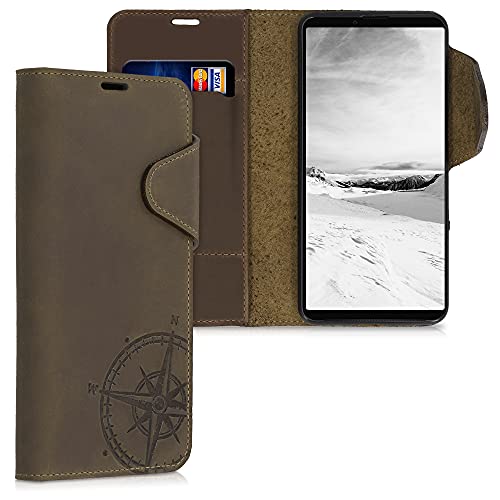 kalibri Wallet Case kompatibel mit Sony Xperia 10 III - Hülle Leder - Handy Cover Handyhülle Kompass Vintage Braun von kalibri