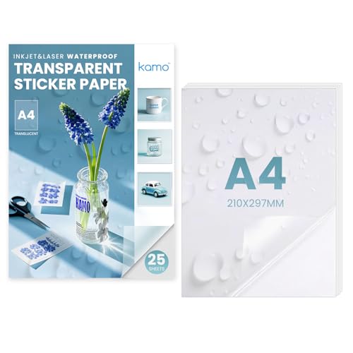 kamo Premium Wasserdichtes Halb Transparentes Stickerpapier – 25 Blätter, Bedruckbares Vinyl-Selbstklebendes Etikett für Laser- und Tintenstrahldrucker, A4, 210 x 297 mm, 1 Etikett pro Blatt von kamo